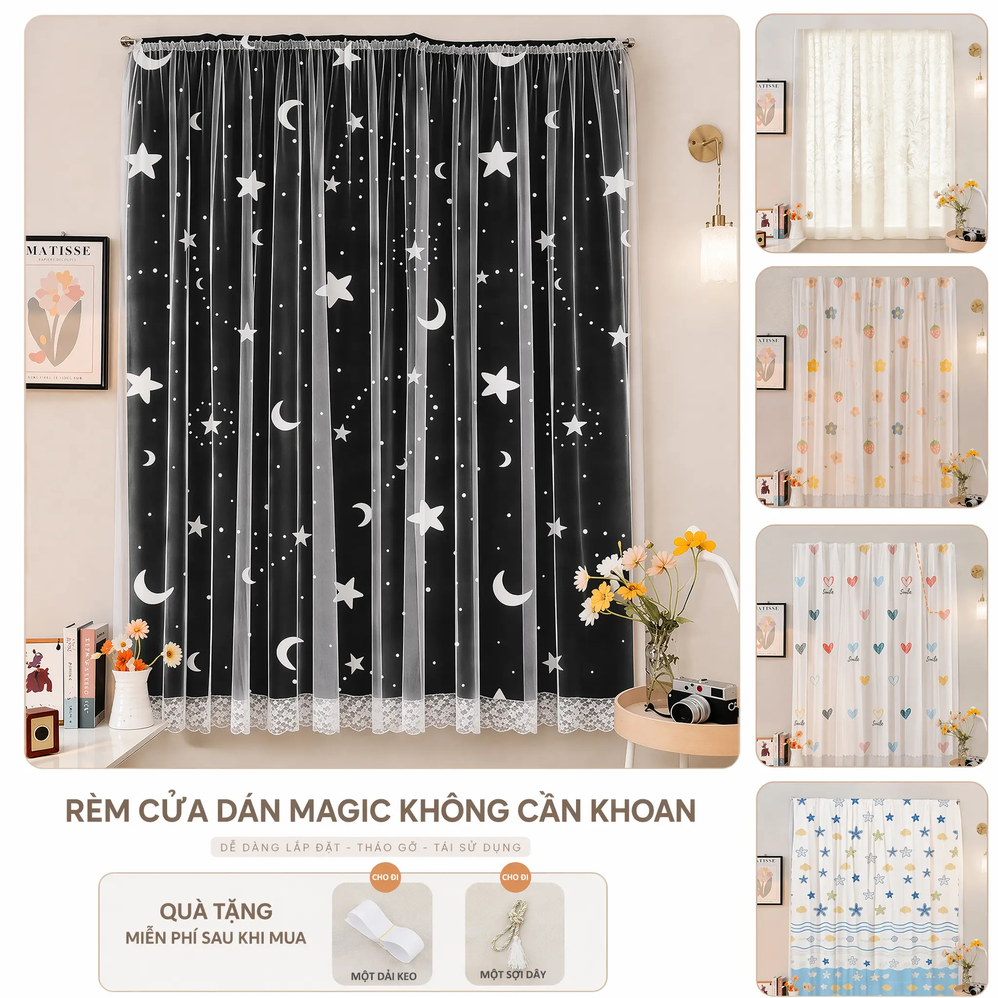 (Kèm dây dán) Rèm Cửa Dán Tường, YANYANGTIAN Rèm Velcro Không Cần Khoan Tường Chống Nắng Siêu Tiện Lợi Đa Dạng Màu Sắc Kích Cỡ 1m/1m5/2m/2m5 Dán Trang Trí Cửa Sổ Ánh Sáng Mềm