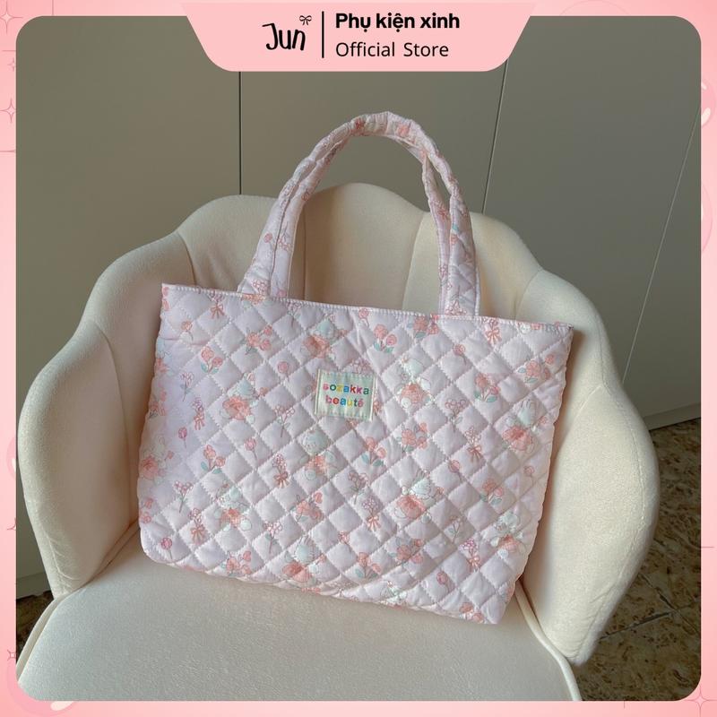 Túi tote chần bông mềm thêu tay túi xách họa tiết xinh đựng laptop đi học đi làm đi du lịch cute T01