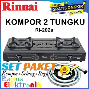 Rinnai RI-202s Bonus Selang Gas+Regulator Meter Kompor Gas Stove Teflon 2 Tungku RI-202S-Hitam
