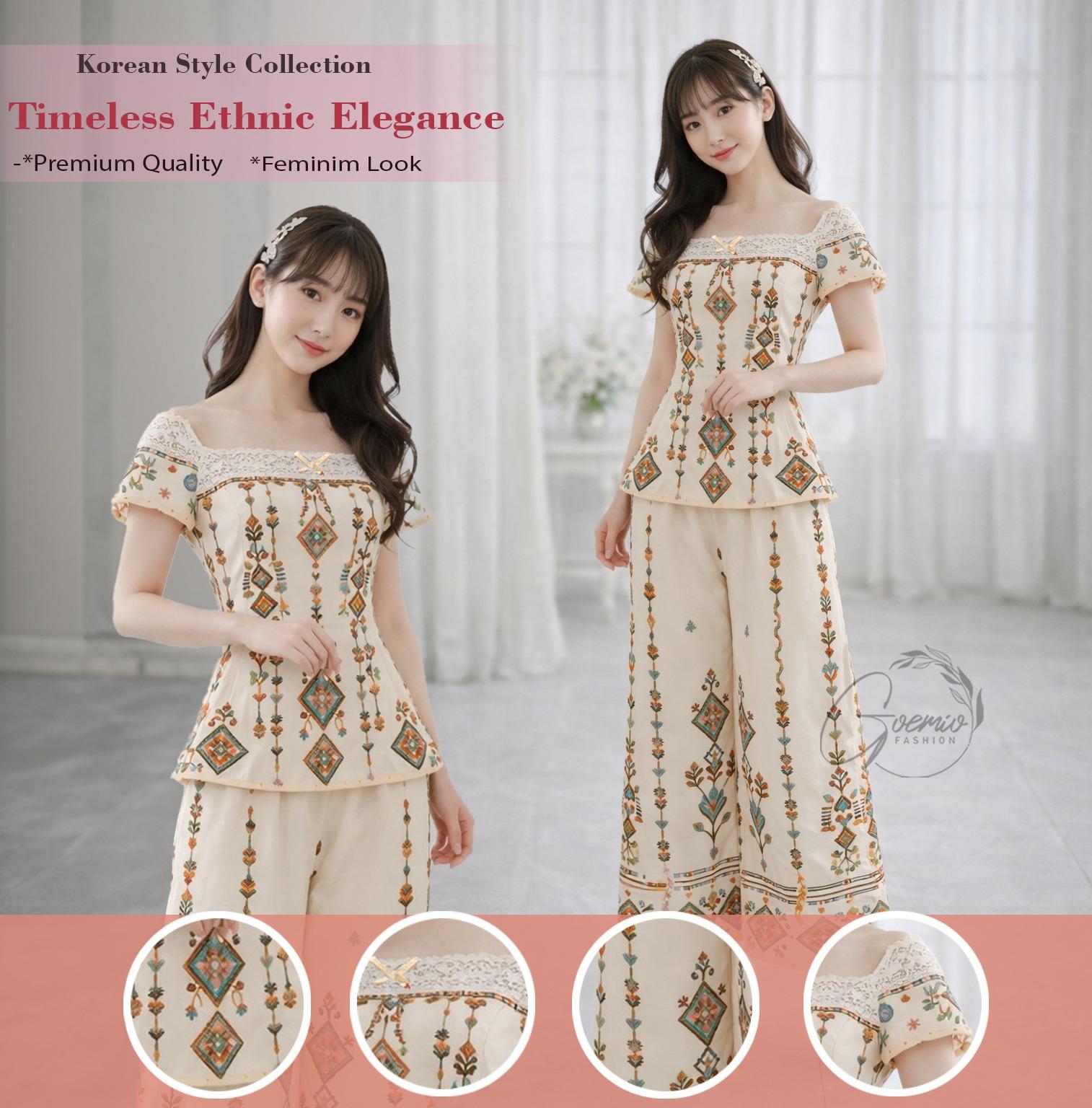 AC | [Pre-Oder] One Set Raodah Matsilk Motif Lengan Pendek Dan Celana Panjang Casual Simple Elegant Style Wanita