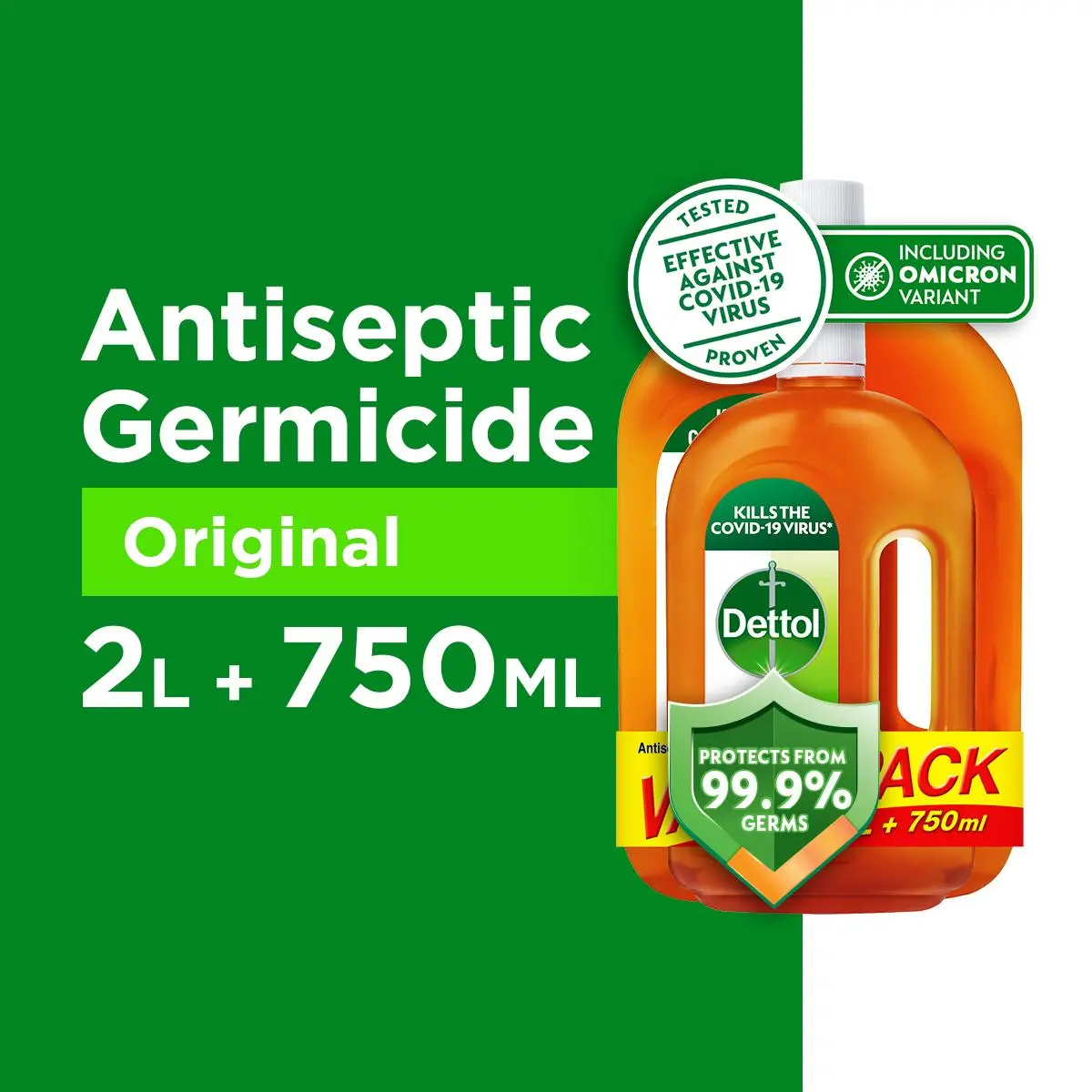 [Value Pack] Dettol Antibacterial Disinfectant Multi-Use Liquid, Germ Killer, Protects From 99.99% Germs, 2L + 750ml