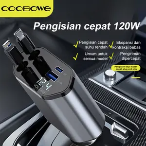 COOBOWE 120W Car Charger fast charging Rectractable Cable 4 In 1 Type-C & Lightning usb adaptor charger Colokan mobil pengisi daya mobil pengisian cepat