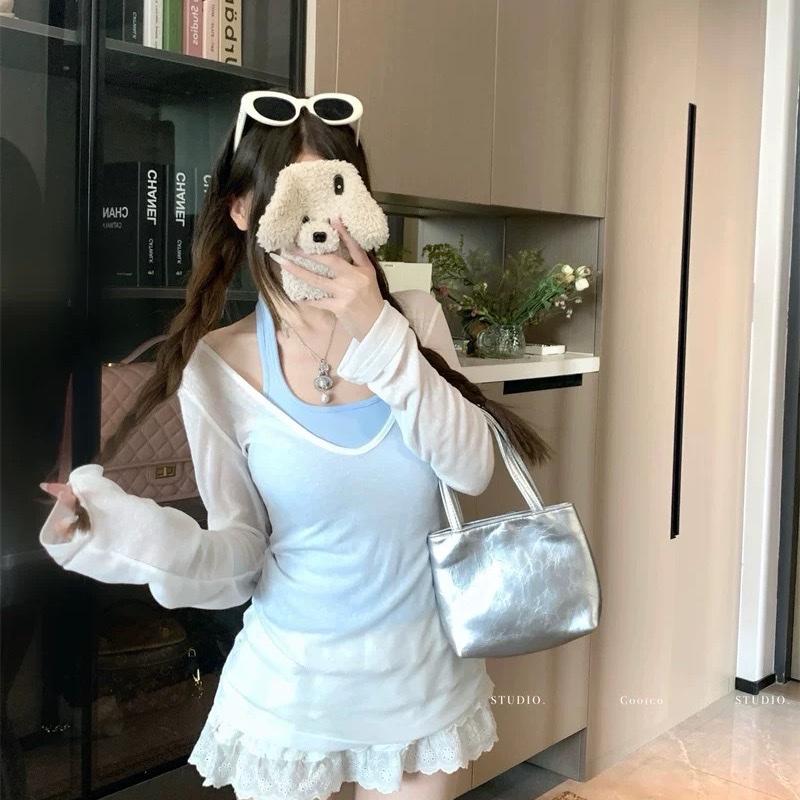 Áo tay dài cổ tim phối áo yếm siêu quyến rũ kèm áo yếm MS -02