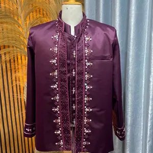 Jas beskap pengantin warna burgundy pria bahan bridal 1 set celana jas rompi peci.
