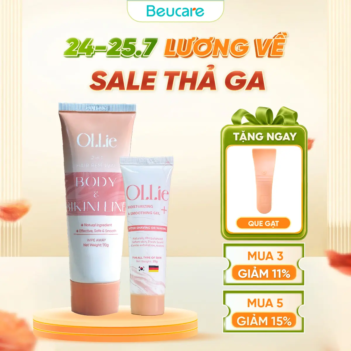 Combo Kem Tẩy Vùng Tay Chân Nách Lông Dành Cho Nam, Nữ Hương Đào Hỗ Trợ Tẩy Lông Nhanh Chóng và Gel Dưỡng Ollie Không Sử Dụng  Cạo Râu - Tặng que gạt kemtaylong - KT001