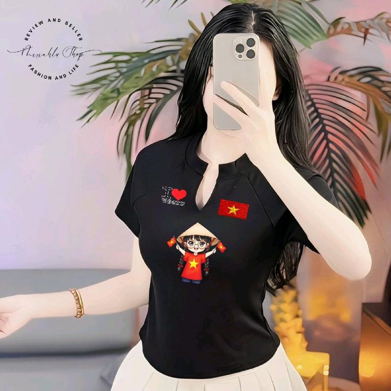 Áo Thun Croptop Dáng Lửng Cổ Trụ V Form Ôm Body Nữ In Hình Tôi Yêu Việt Nam Cờ Đỏ Sao Vàng