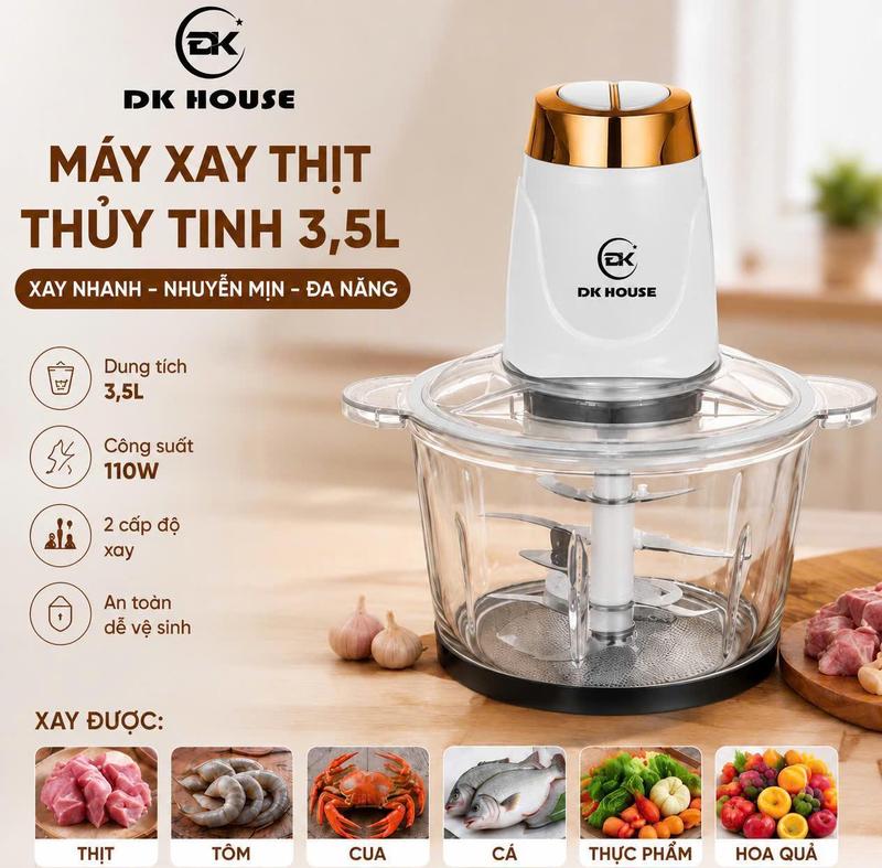 Máy Xay Thịt Thủy Tinh DKHOUSE Dung Tích To 3.5L, Tặng kèm 1 bộ dao thay thế + 1 cây đánh trứng + đánh ruốc, Lưỡi dao 4 cánh sắc bén