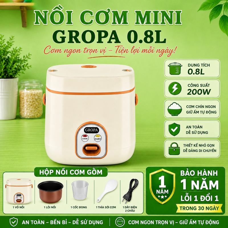 Gropa Nồi Cơm Mini 0.8L Chống Dính Siêu Bền Tiết Kiệm Điện Phù Hợp 1-2 Người…