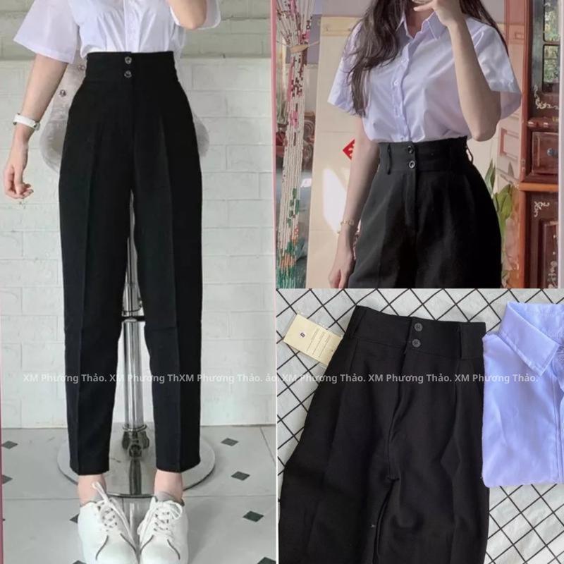  Quần Baggy Nữ Lưng Cao 2 Khuy Màu Đen Vải Dày Co Giãn Nhẹ Có Đai Tôn Dáng Dễ Phối Đồ Phong Cách Thanh Lịch Đa Năng 