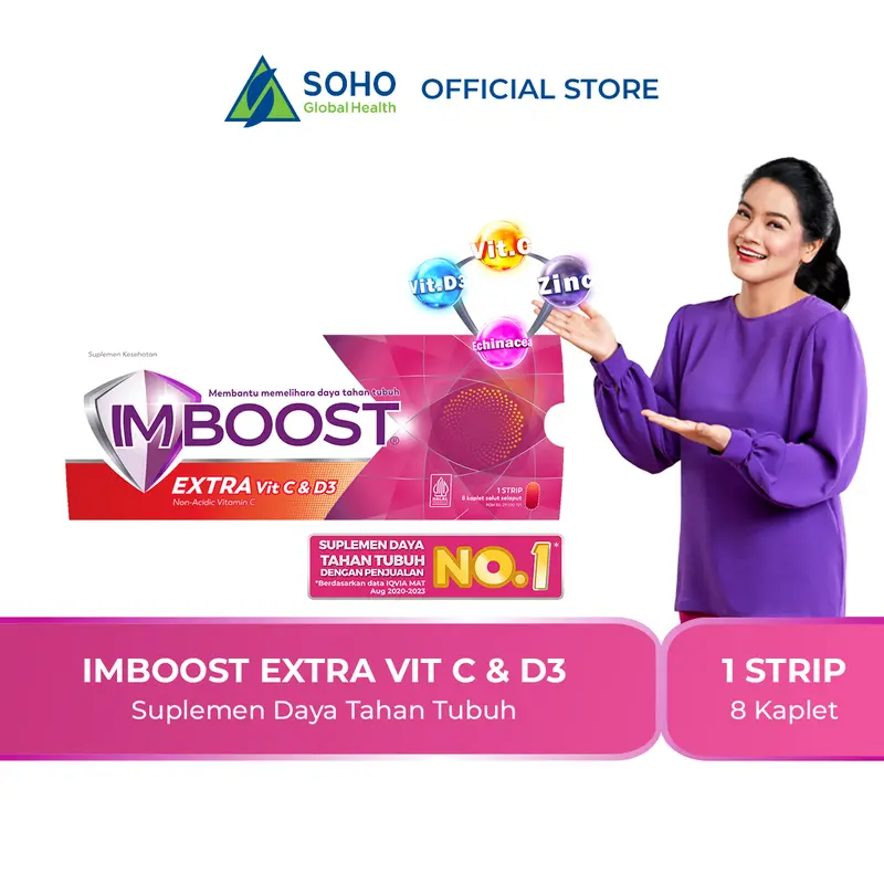 Imboost Extra Vit C & D3 Suplemen Tablet Daya Tahan Tubuh Non-Acidic Vitamin C isi  1 Strip @8 Kaplet 0