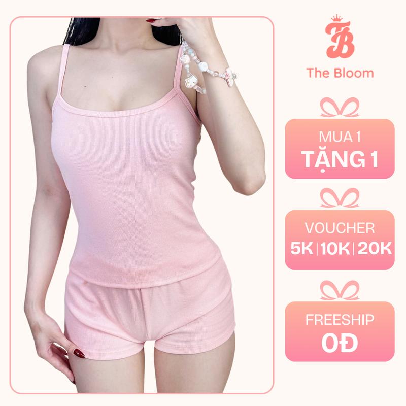 THE BLOOM SET 2 MÓN Set bộ đùi chất thun bogen co giãn 4 chiều Áo 2 dây kèm quần short lưng thấp - SE002 Nữ Women Top Xám đồ bộ mặc nhà đồ macnha ngủ set bongu quyen ru đồ ngủ thun tăm 2 dây