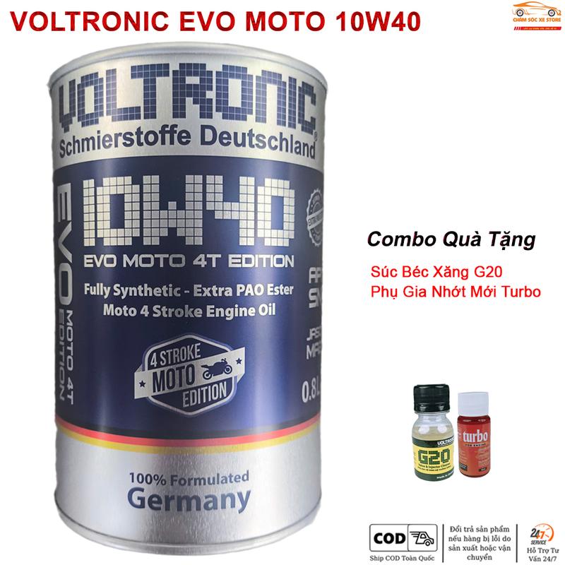 Dầu Nhớt Cho Xe Máy Voltronic Evo Moto 10w40 Nguyên Seal Dung Tích 800ml - Tặng Kèm 1 Súc Béc Xăng Và 1 Phụ Gia Nhớt Mới Xado Very Turbo