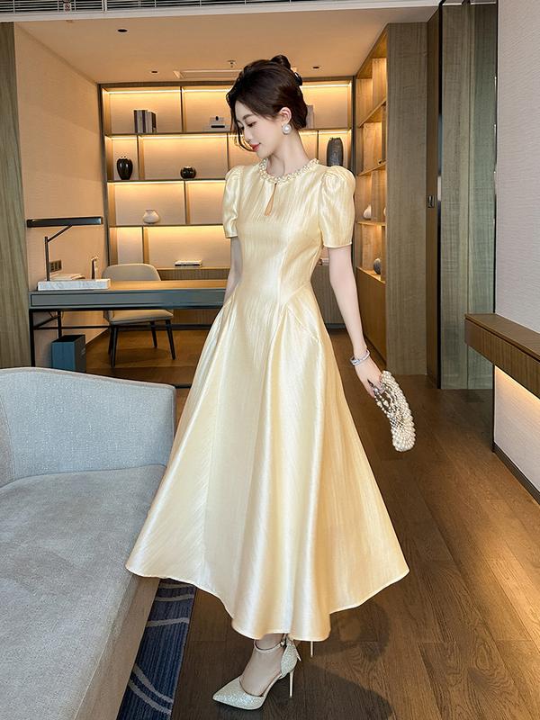 ZR-80219, Áo Dài, Tiệc Trà,  Phong Cách Pháp Thanh Lịch, Dành Cho Nữ, Cổ Tròn, Eo Xếp Nếp, Dài Đến Đầu Gối, Hàng Mới Về Women Dress váy  tầng  dài hoa nhí dáng