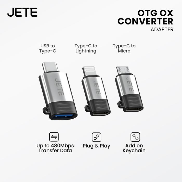 Gambar OTG JETE OX Converter Adapter USB Micro Type C Lightning Male To Type C Female Connector Fast Charging Transfer Data 480mbps - OTG JETE OX USB to Type C dari Doran Gadget Official Kota Administrasi Jakarta Pusat Tokopedia