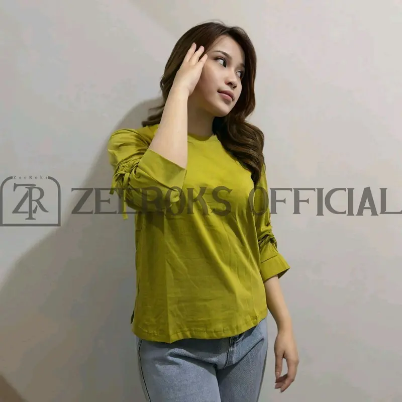 kaos wanita Lengan Panjang 7/8 Minaka Serut Pita Tali Bahan Cotton Combed kekinian Bisa COD 7