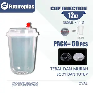【CUP & TUTUP 50 PCS】Cup Injection 12oz 380ml - CUP & TUTUP - Gelas Plastik Thinwall Tebal OVAL Anti Tumpah - CUP PLASTIK OVAL