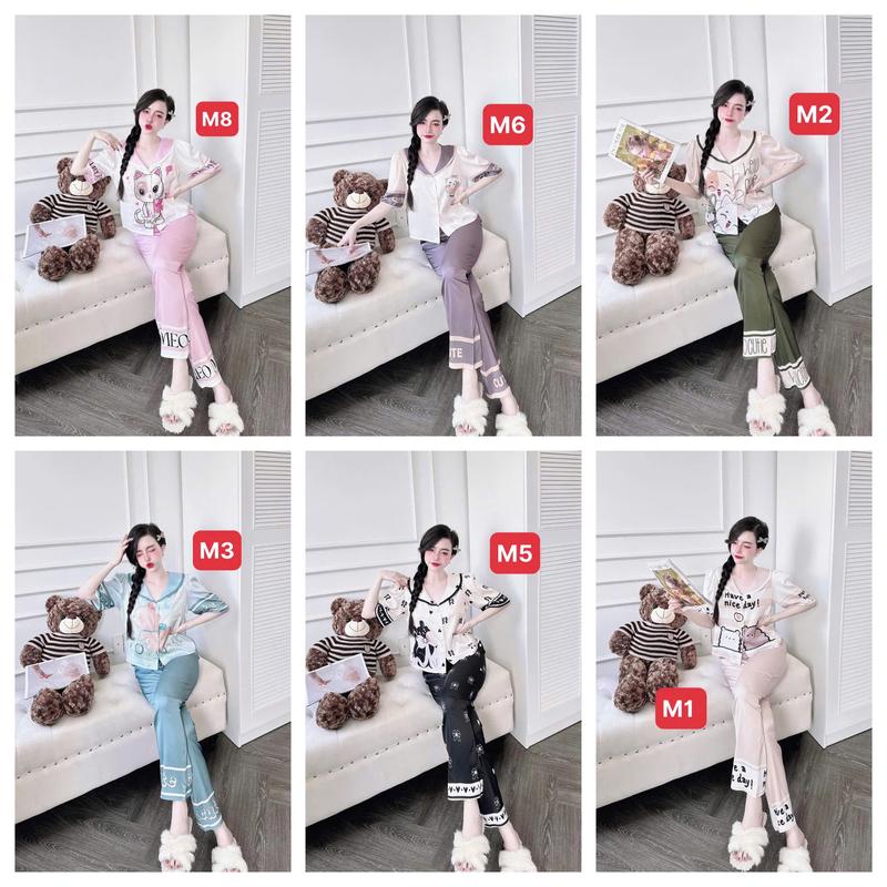 [40-70kg] Bộ quần áo pijama cổ sen lụa quần dài áo cộc mới mềm mát