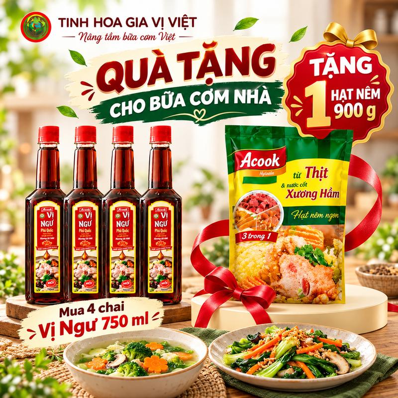 Combo 4: 4 Chai Nước Mắm Vị Ngư 750ml & 1 Gói Hạt Nêm 900g - Tặng Kèm Hạt Nêm Acook 900g - Tổng Dung Tích 3 Lít - Thích Hợp Cho Bữa Cơm Gia Đình