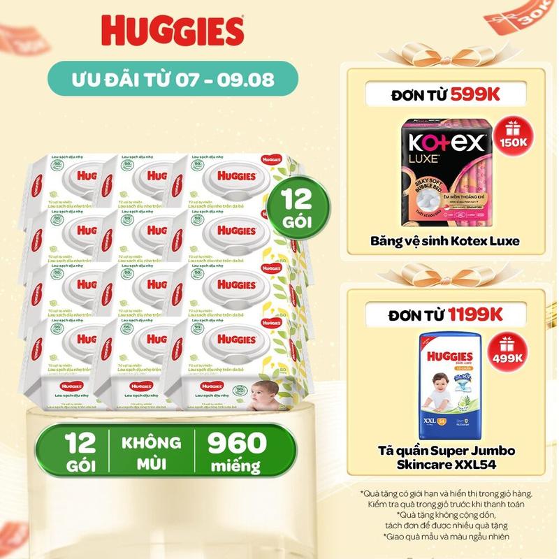 Thùng 12 gói khăn giấy ướt không mùi cho trẻ sơ sinh HUGGIES Gói 80 tờ