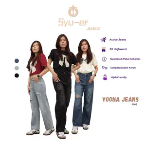 SYUER JEANS.ID Yoona Jeans 8002 High Waist Ripped Baggy Straight Denim Premium Stretch Boyfriend Wanita Panjang Cewek Edgy & Fashionable Celana Skinny