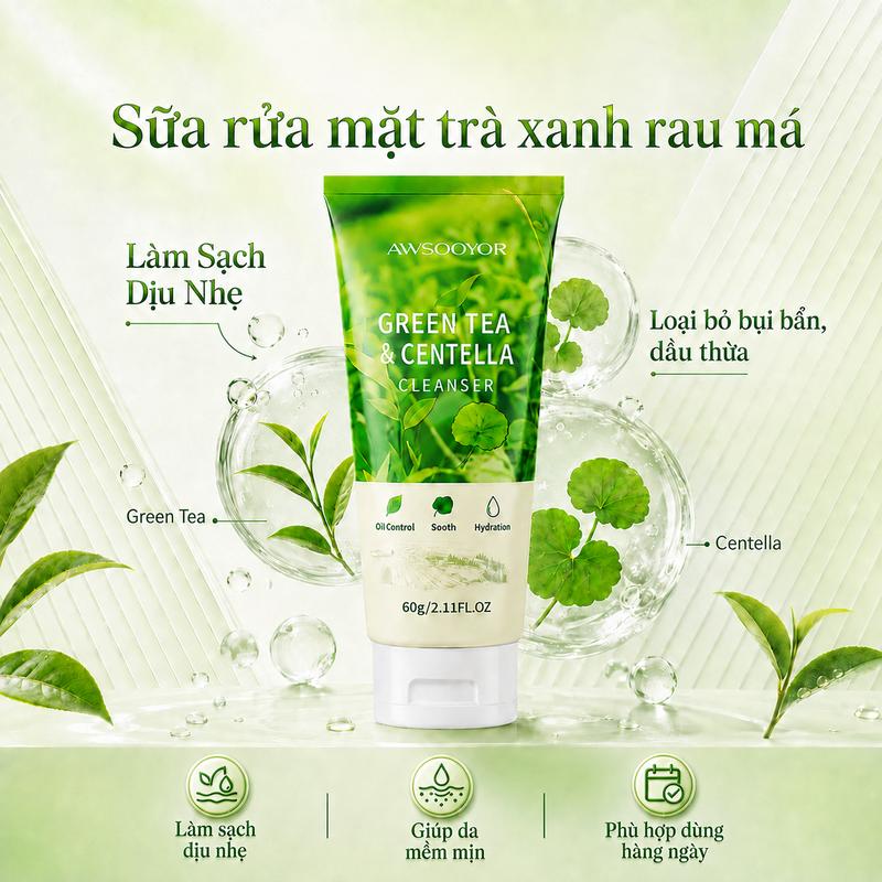 Sữa Rửa Mặt Trà Xanh & Rau Má 60g - Làm Sạch Dịu Nhẹ , Cấp Ẩm, Dưỡng Ẩm, Phù Hợp Nam Nữ, Công Thức Axit Amin