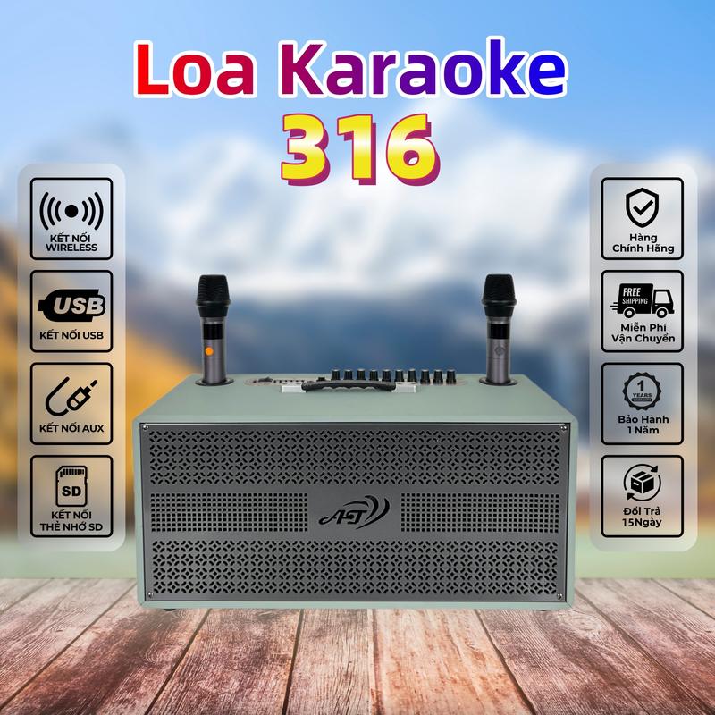 AT316 350W Loa Karaoke Di Động Nghe Nhạc Xách Tay Bluetooth Bass 20cm x 2 2 Micro không dây Bảo Hành Chính Hãng 12 tháng