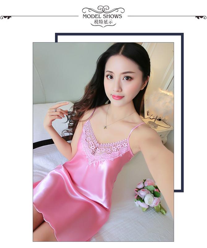 Product Introduction of 2021 New sexy camisole nightgown for women, deep V-shaped backless imitation silk pajamas, lace Japanese home clothing, cross-border 6