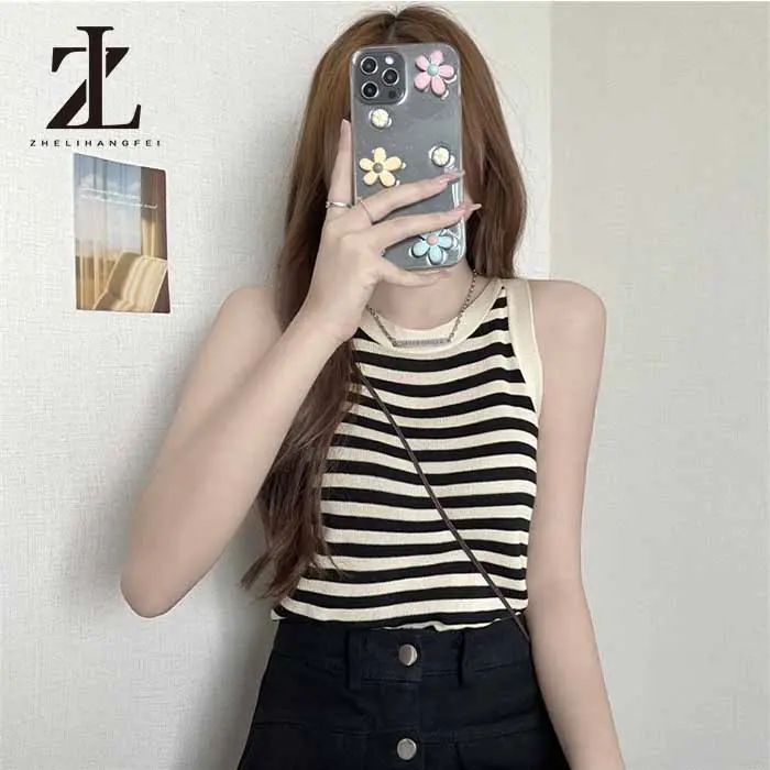 SS24 Áo dệt kim hai dây họa tiết kẻ sọc phong cách cổ điển thời trang mùa hè cho nữ 6