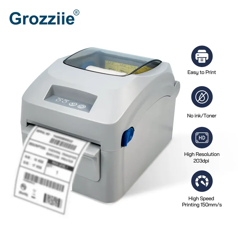 Grozziie Barcode Printer Thermal Waybill Printer USB+Bluetooth Mesin Cetak Label Stiker Resi 4 & 3 In 203DPI 150mm/s High Speed Compact Portable