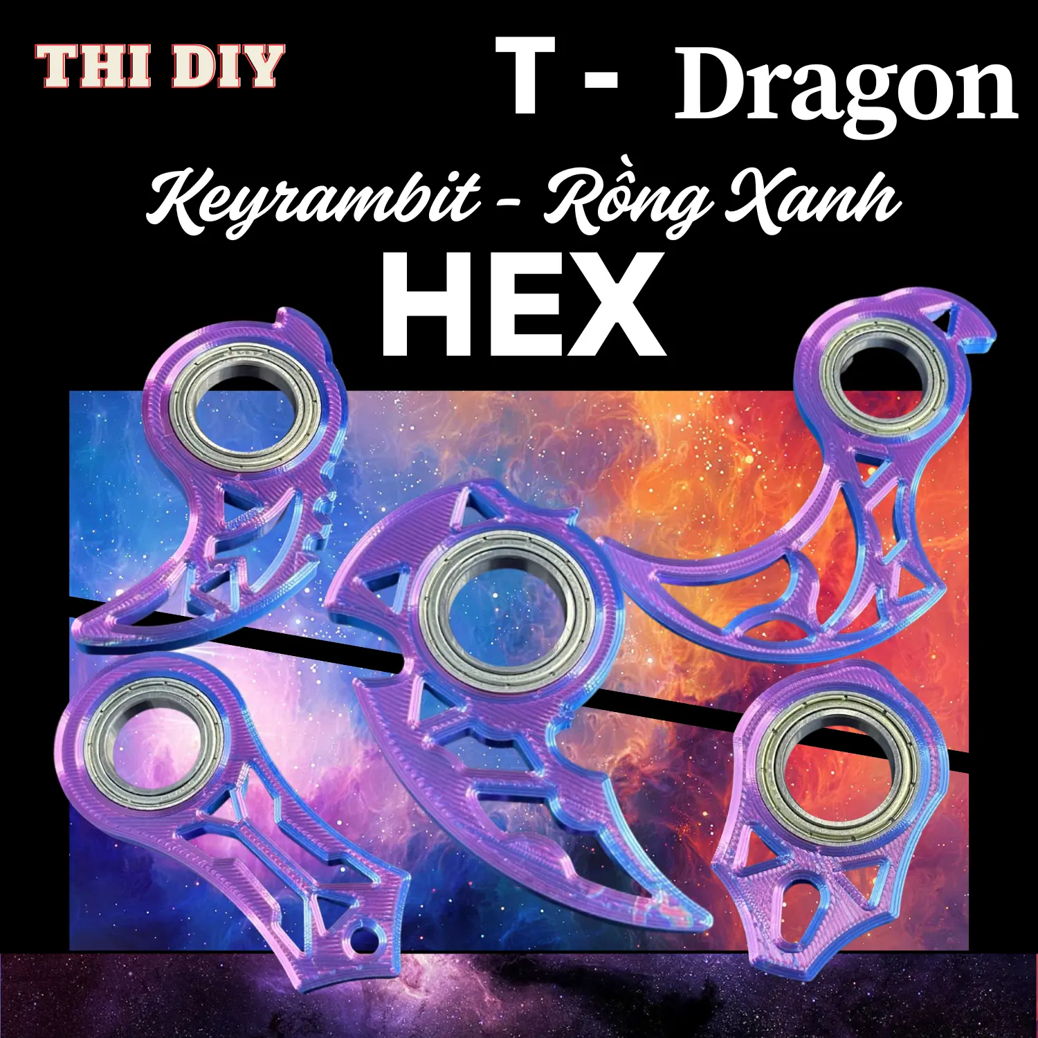 Keyrambit Hex Rồng Xanh - Móc khóa xoay Keyrambit giảm stress - Tặng kèm 1 bộ charm ngẫu nhiên - THI DIY