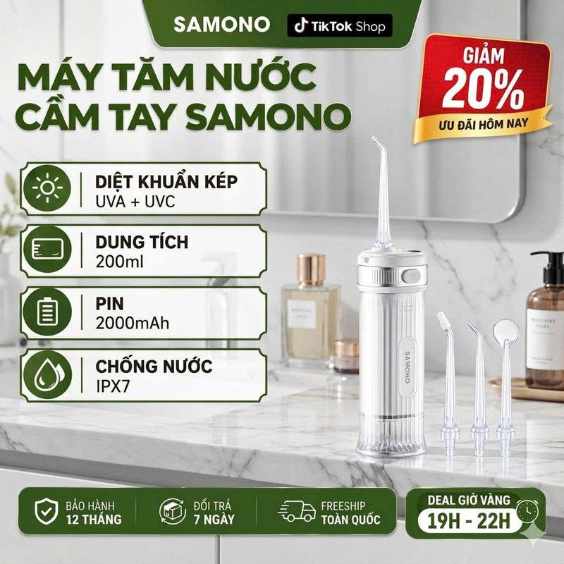 Máy Tăm Nước Samono, Dun Tích 200ML, Diệt Khuẩn Kép, Chống Nước, Nhỏ Gọn Tiện Lợi, Dùng Cho Cả Người Niềng Răng- Bảo Hành 12 Tháng