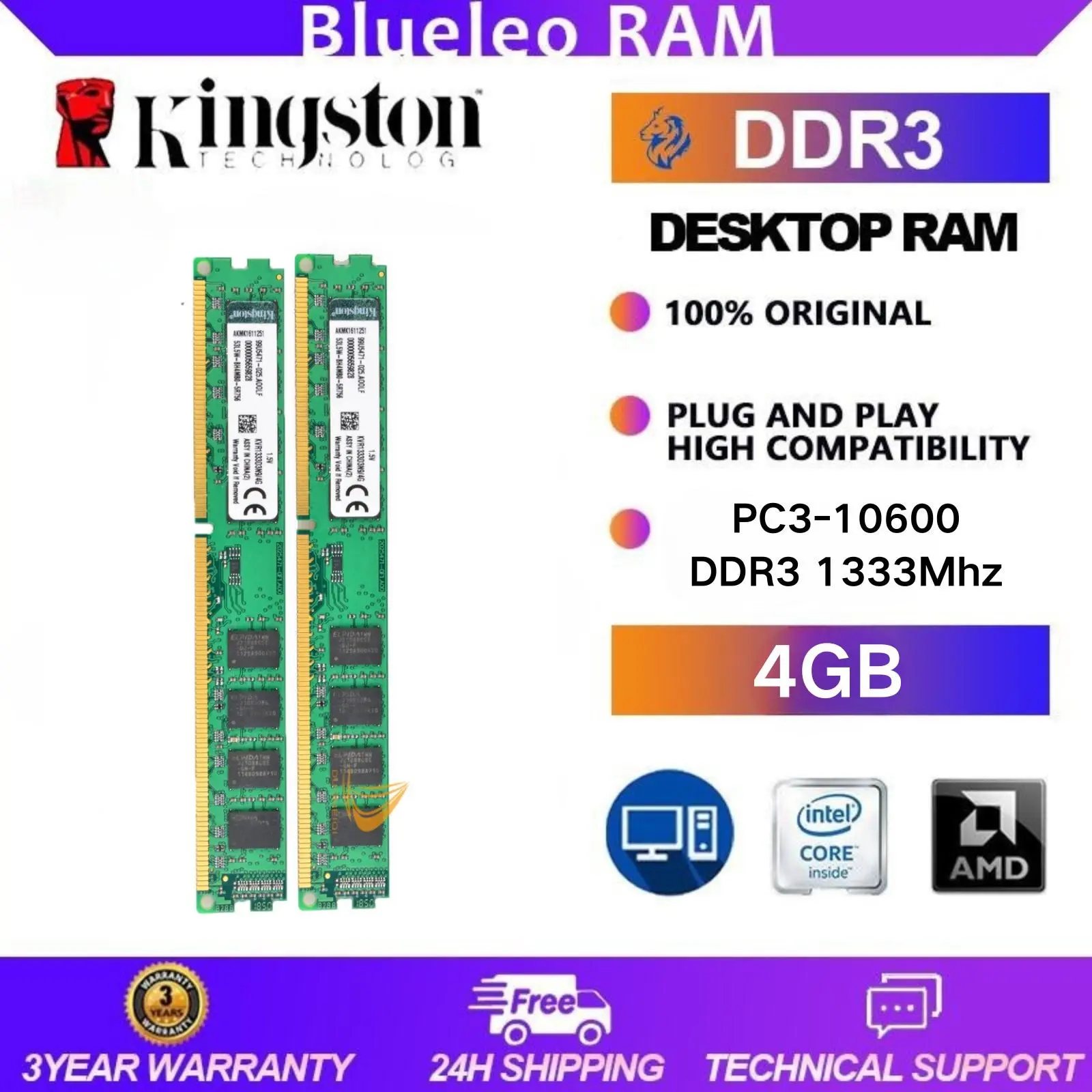 Kingston 4GB Intel CPU 2Rx8 PC3-10600 DIMM Memory RAM Desktop DDR3 1333Mhz