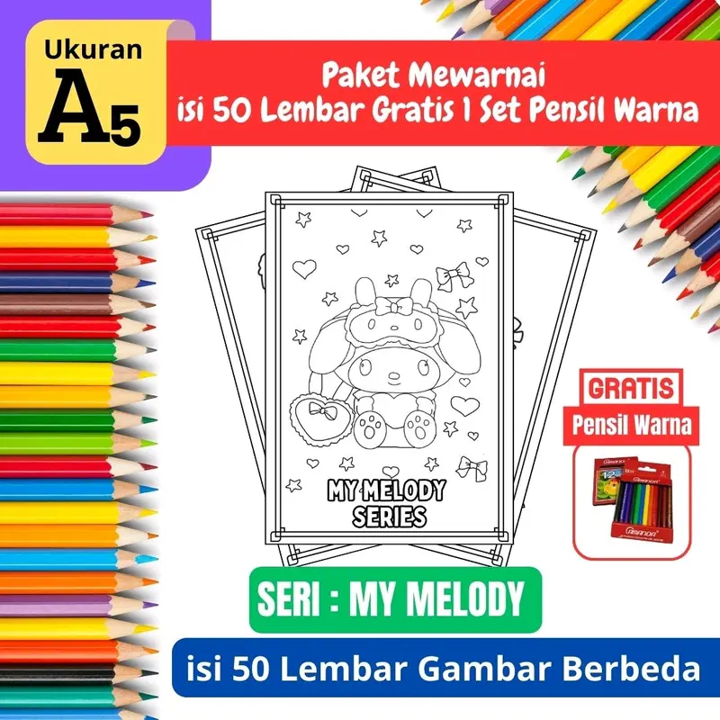 [ EDISI My Melody ] Promo Termurah Paket Mewarnai Gambar isi 50 lembar Gratis 1 Set Pensil Warna - A5 Tebal - Edisi My Melody 3