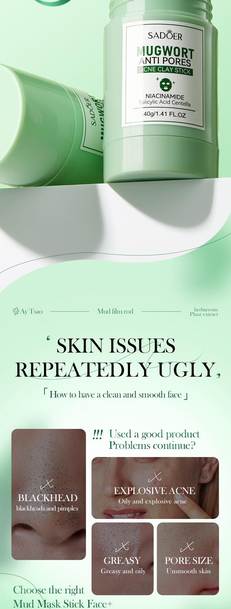 Product Introduction of Mugwort6.6 CountdownAcne Clay Mask Stick Green Mask Stick DeepCleansing Equipped Salicylic Acid Balance OilSkincare 40G Free Shipping】 SAS 1