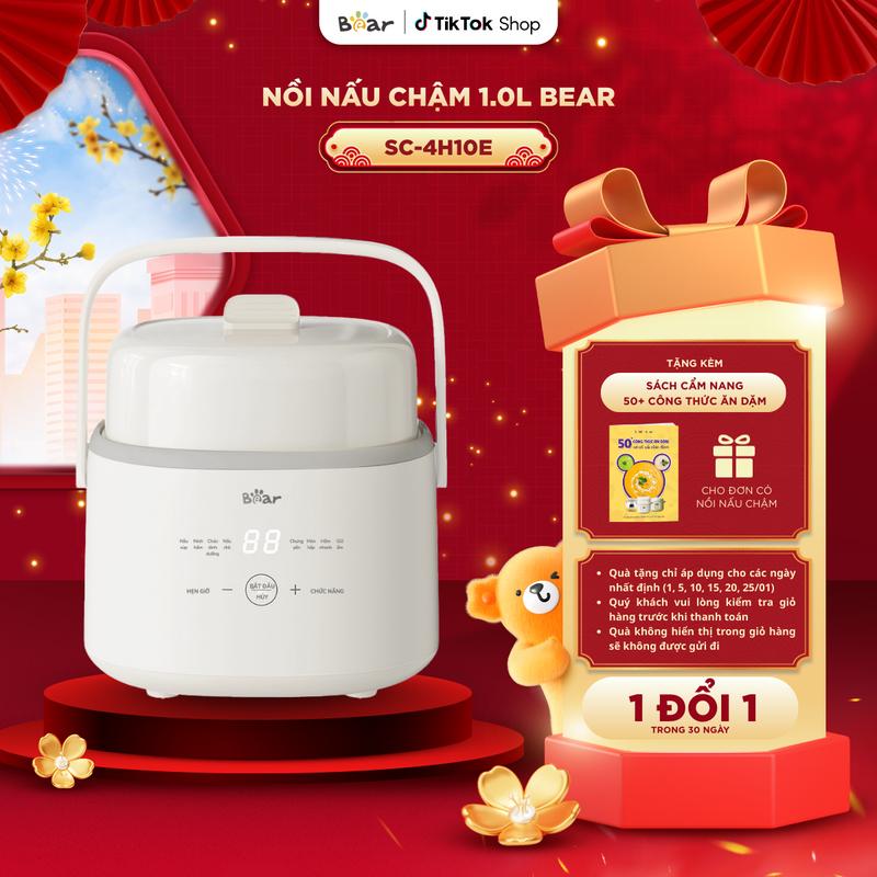 Tặng Cẩm nang ăn dặm Nồi Nấu Chậm Bear 1L Có Xửng Hấp Nồi Nấu Cháo Chậm Nồi Nấu Cháo Cho Bé Nồi Chưng Yến Giữ Nguyên Chất Dinh Dưỡng 200W - 4H10E