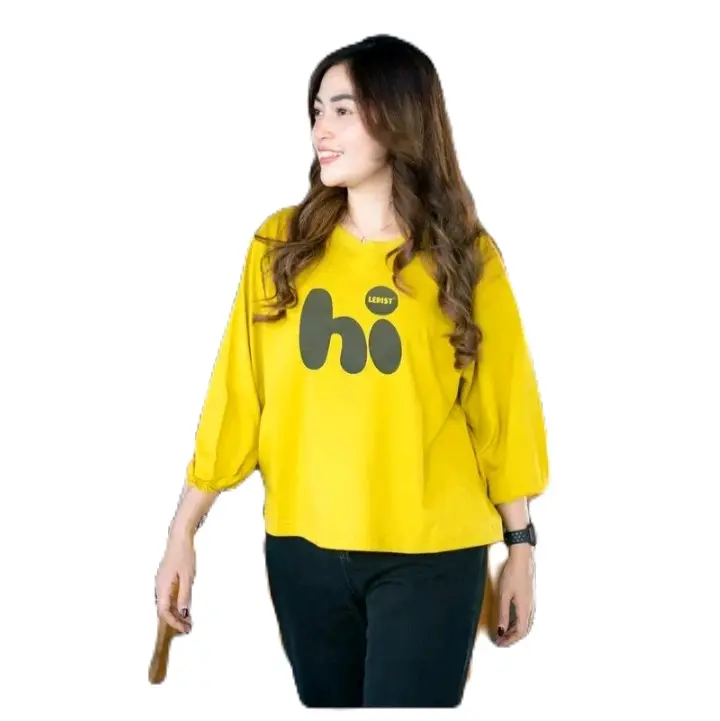 KAOS LENGAN PANJANG MOTIF HI                    -atasan wanita T-shirt Blouse with say Hi t-shirt opersize Baju crop top casual lerist 1