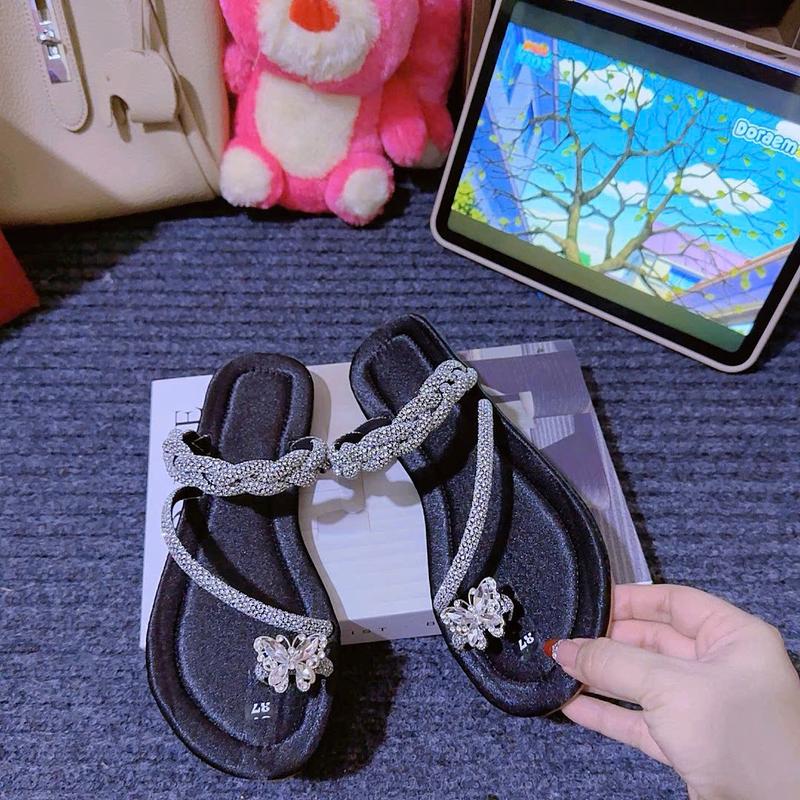  Dép nữ xỏ ngón đá đính charm dây xoắn mũi tròn đế bệt sang trọng size 35-39 DéP Shoes giay dep dép kiểu nữ đẹp sandalnu sandalcaogot sandal5cm 