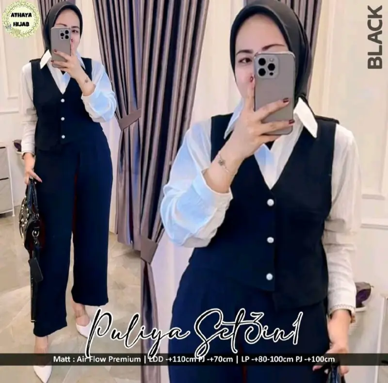 PULIYA SET CRINKLE AIRFLOW TERBARU SETELAN  CELANA DAN KEMEJA ROMPI VEST WANITA KEKINIAN 1