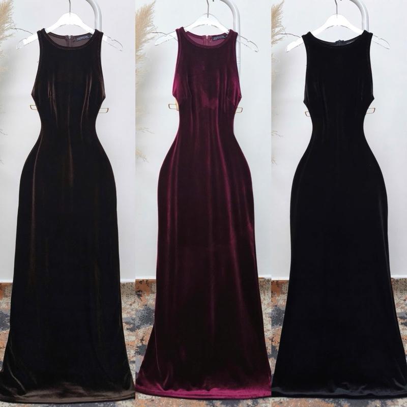 VÁY BODY YẾM HAI DÂY NHUNG D324 Đầm body thun nhung cao cấp hai dây to form midi sang trọng đi tiệc