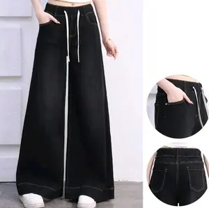 Skena Kulot Jeans Pinggang Tali Hitam Karet Keliling Ukuran M-XL Lebar Gombrong dengan Desain Nyaman dan Stylish