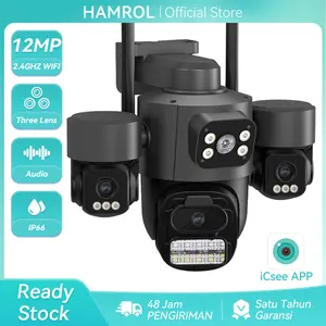 Hamrol 8MP Kamera WiFi PTZ With Dual Lens 12MP Three Lens Color Night Vision Outdoor Security Camera CCTV iCsee App Wireless
