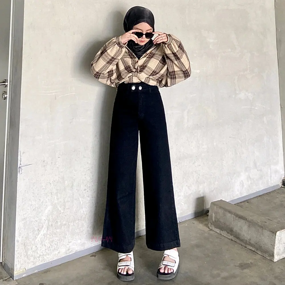 Naysqii - Celana Kulot Mozza Jeans Wanita - Highwaist Kulot Jeans Cewek Loose Pants Korean Style Celana Panjang Karet Dewasa Bawahan