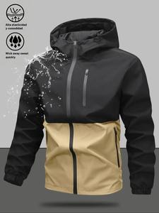 Chaqueta para hombre de corte regular con estampado de letras, impermeable y cortavientos, casual, ligera y transpirable con capucha desmontable para actividades al aire libre, ropa de abrigo de moda para hombre para todas las estaciones, ropa de hombre