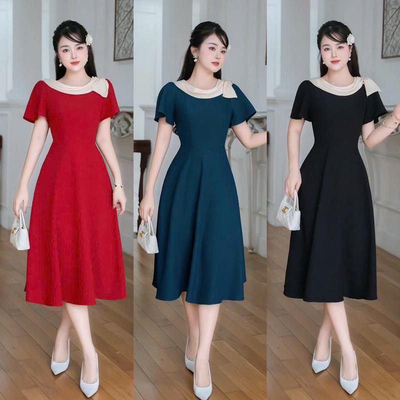  V135 - Váy cổ tròn vai nơ 3 màu thiết kế eo cao mặc che bụng chất liệu mango nhập khẩu mát mịn dài 105cm - Thời trang Đầm Nữ Nhà Min váy dự tiệc thiết kế Dress Women 