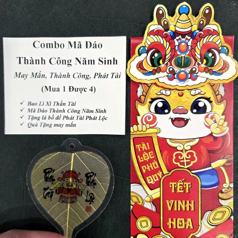 Combo Mã Đáo Thành Công Năm Sinh: gồm Bao Lì Xì Thần Tài + Mã Đáo Thành Công Năm Sinh + Tặng lá bồ đề Phát Tài Phát Lộc & Quà Tặng May Mắn - Mua 1 Được 4