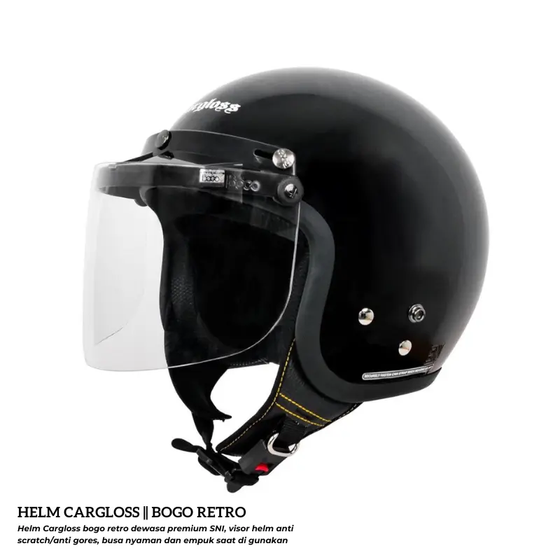 Helm Carglos Retro VARIAN BLACK GLOS  untuk Pria dan Wanita dengan Visor Pelindung Sinar Matahari - Motorcycle