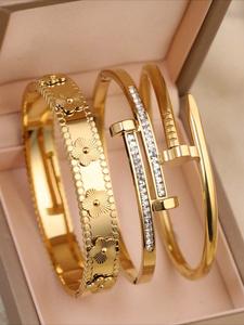 3 piezas de pulseras elegantes de acero inoxidable chapado en oro de 18K, adecuadas para reuniones, uso diario, personalizadas, pulseras lujosas de circonia cúbica, joyería de boda, regalos para mujeres y amigas.