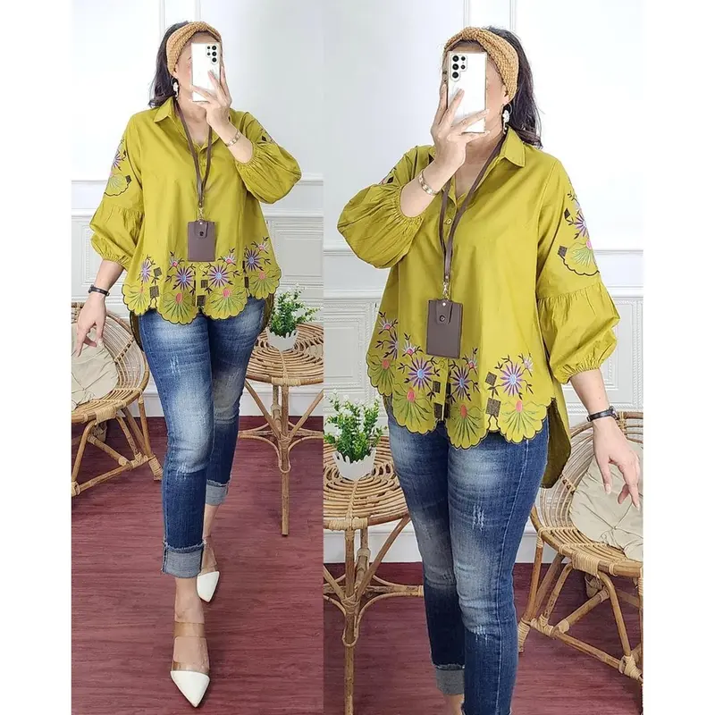 MUFASH - GLORIA BLOUSE Atasan Kemeja Wanita Bahan Katun Lengan Balon Motif Bordir by Mumu Fashion Solo 2