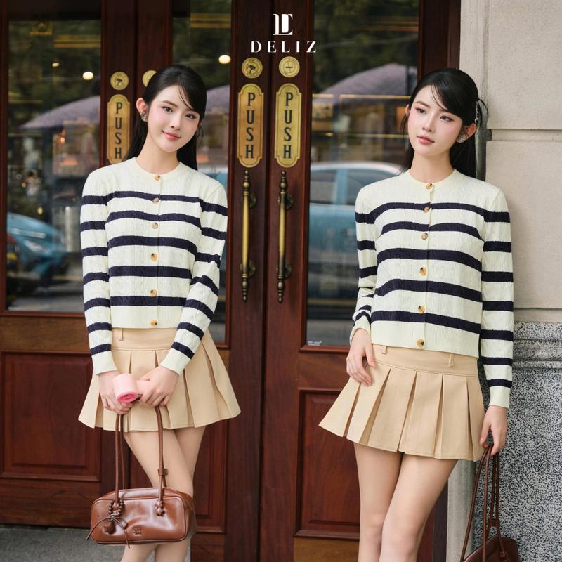 DELIZ - Áo cardigan len lông thỏ dệt vặn thừng cổ tròn dài tay kẻ ngang basic CD849