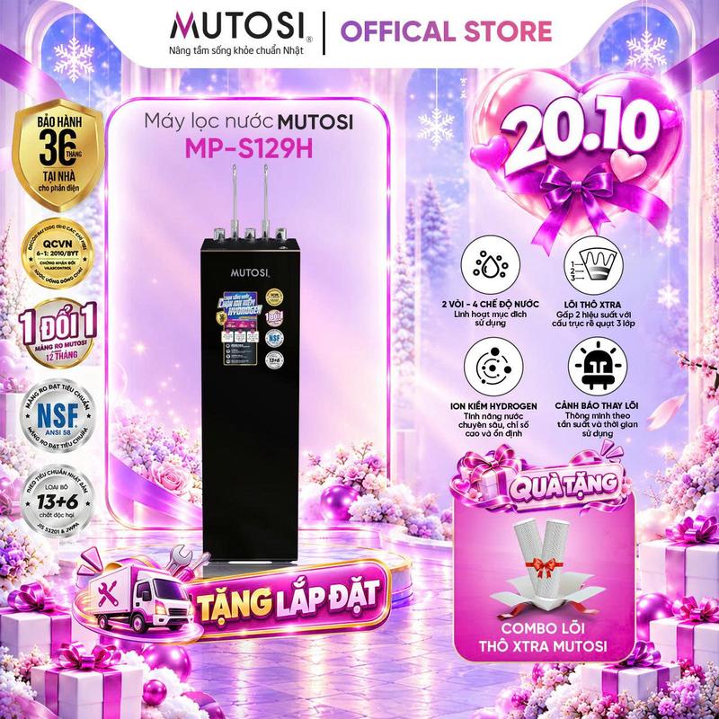 Máy Lọc Nước Nóng, Lạnh, RO Khoáng, Ion Kiềm Hydrogen Có Cảnh Báo Thay Lõi MUTOSI MP-S129H - 12 Cấp Lọc, Đạt Tiêu Chuẩn Quốc Gia, Loại Bỏ 13+6 Chất Độc Hại